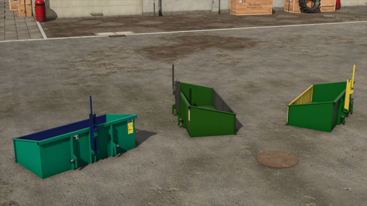 fs25-mods, FS25 mod Lizard 3-Point-Hitch Transportbox v1.0.0.0 on a concrete surface, showcasing green and yellow tool compartments.