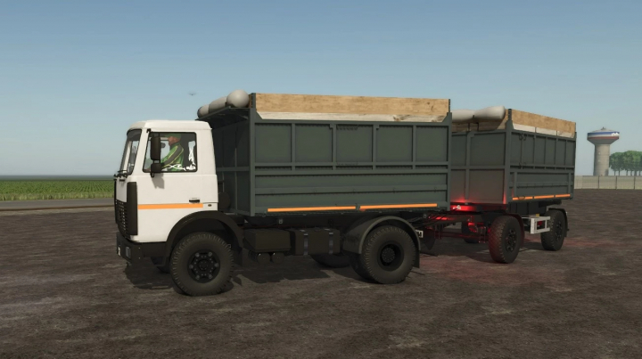 fs25-mods, MAZ-5551A2 truck mod in FS25, showcasing a white and green design with a trailer, set against a farm background.