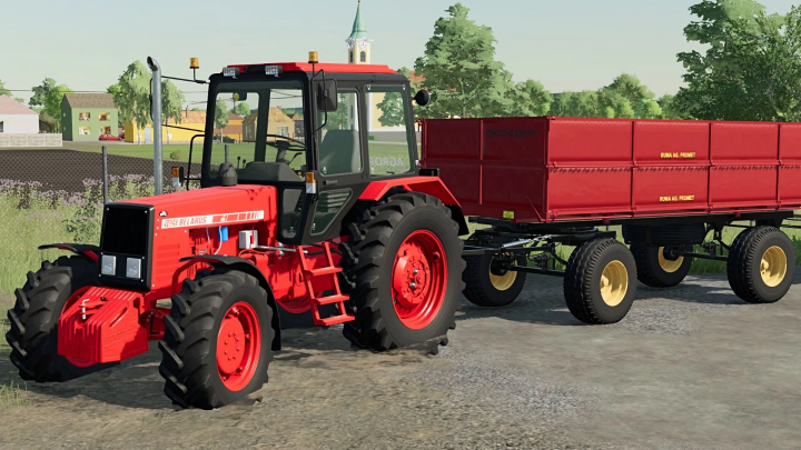 fs22-mods, FS22 mod MTZ-1025 Now v1.0.0.0 tractor with red trailer in a scenic Farming Simulator 22 landscape.