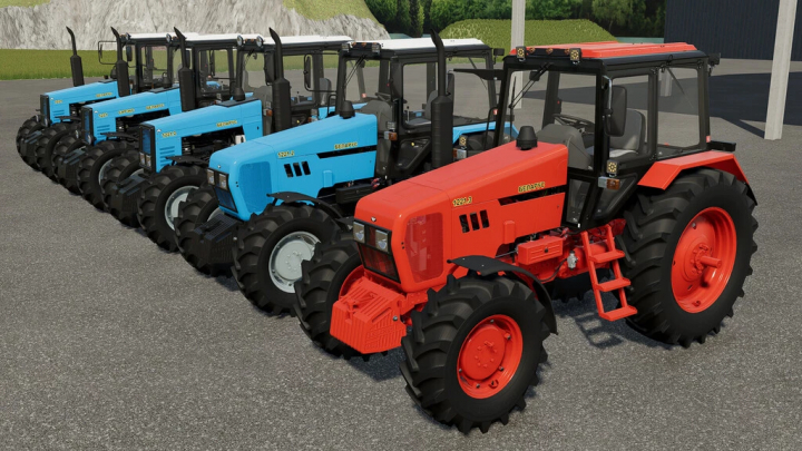 fs22-mods,  FS22 mod image: MTZ 1221 tractors in red and blue parked in a row. Farming Simulator 22 mod display.