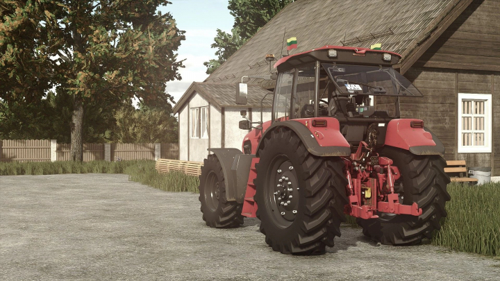 fs25-mods,  FS25 mod MTZ 2022 v1.1.0.0, red tractor parked in farmyard beside wooden house and tree background.