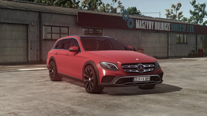 fs25-mods,  Mercedes Benz E Class mod in Farming Simulator 25, showcasing a red luxury car parked outside a building, FS25 mods.