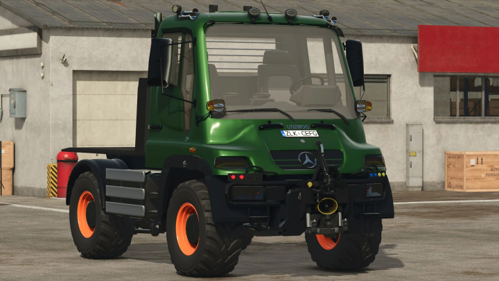 fs25-mods, Mercedes Unimog U400 mod in FS25, showcasing a green utility truck with orange wheels in Farming Simulator 25.