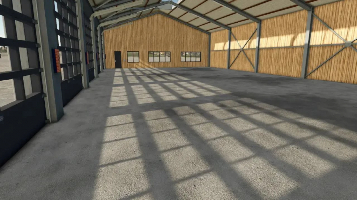 fs25-mods,  Interior of Modern Shed v1.0.9.0, a mod for FS25, showcasing ample space and wooden paneling.