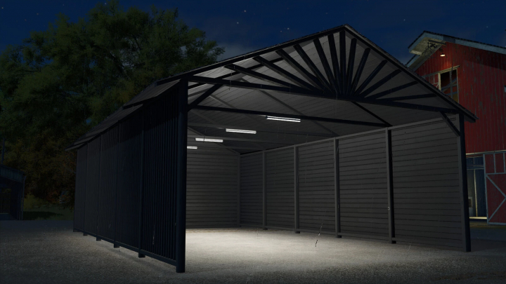 fs25-mods, Modern wooden shed mod for FS25, night view with illuminated interior.