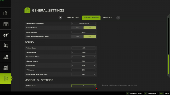 fs25-mods,  FS25 mods settings screen showing More Yield v1.0.1.0 with a yield multiplier set to 2.