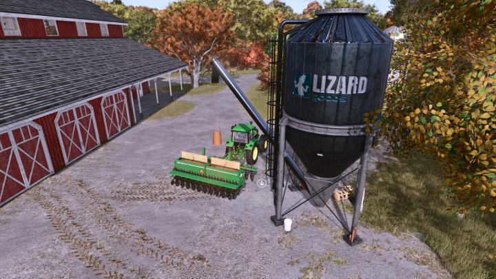 fs25-mods, FS25 mod Multifruit Buying Station v1.1.0.1 featuring a silo and tractor near a barn.