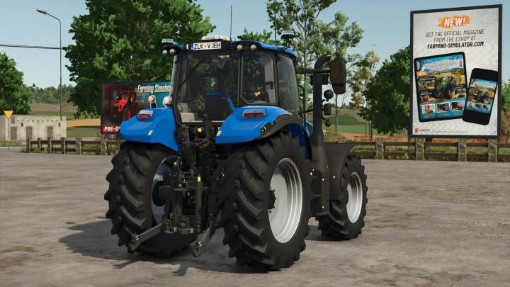 fs25-mods, New Holland T5 tractor in Farming Simulator 25 mod, version 1.1.0.0, displayed in a rural setting with billboards.