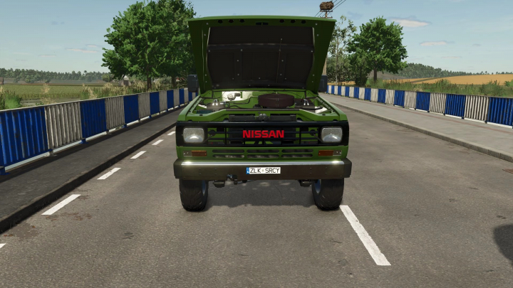 fs25-mods, Farming Simulator 25 mod showing Nissan Safari 1985 with hood open, on road. FS25 mods.