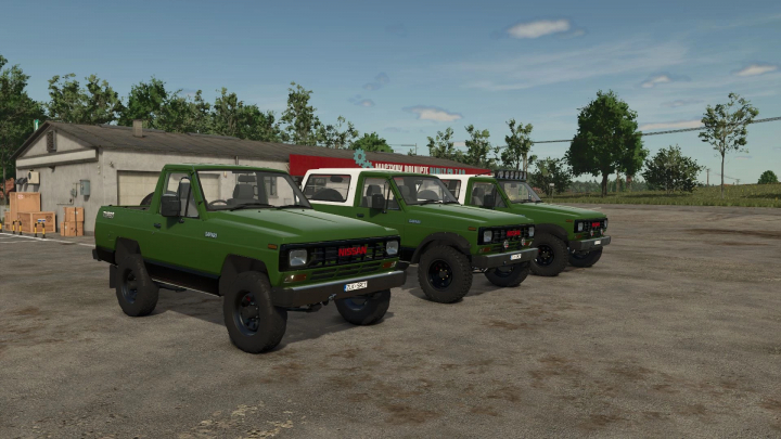 fs25-mods,  FS25 mod showcasing three green Nissan Safari 1985 trucks parked in a rural setting.