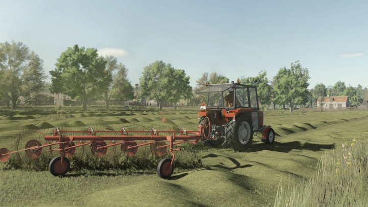 fs25-mods, Farming Simulator 25 mod PZK 7/6/5 Pack features a tractor with rake in a grassy field.