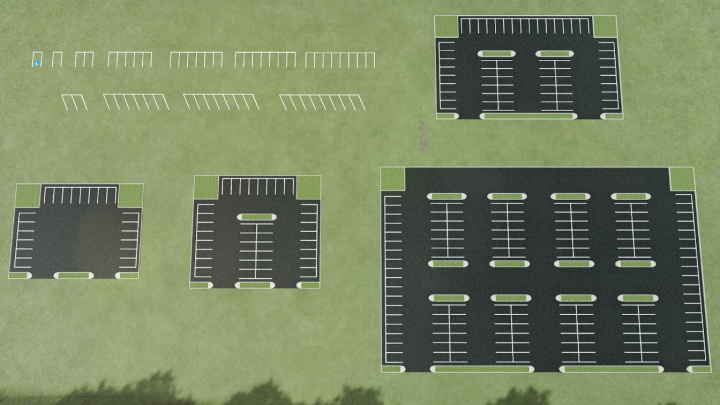 fs22-mods,  FS22 mods Parking Lot Pack v1.0.0.0 showing various parking layouts on grass with marked asphalt spaces.