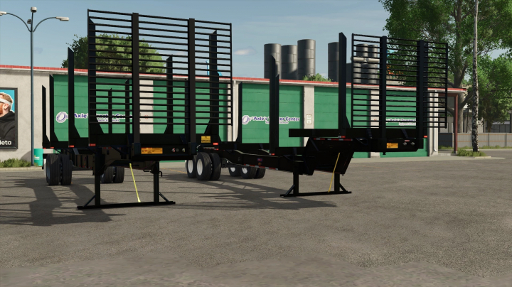 fs25-mods, Pitts Log Trailer Pack mod in Farming Simulator 25, showcasing log trailers in a yard setting.