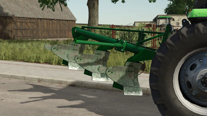 fs25-mods, FS25 mods: Pp3 Romanian plow v1.0.0.0 attached to a tractor in Farming Simulator 25, beside a rustic barn.