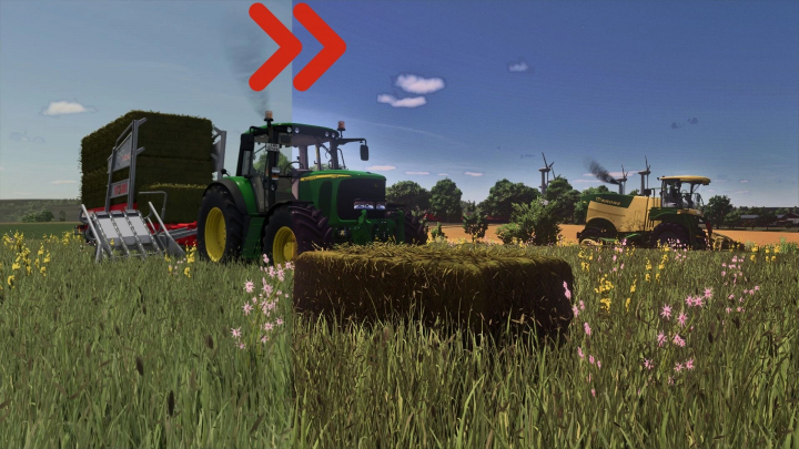 fs25-mods, Realistic RayTracing Reshade Preset in FS25 shows tractors baling hay in a field.