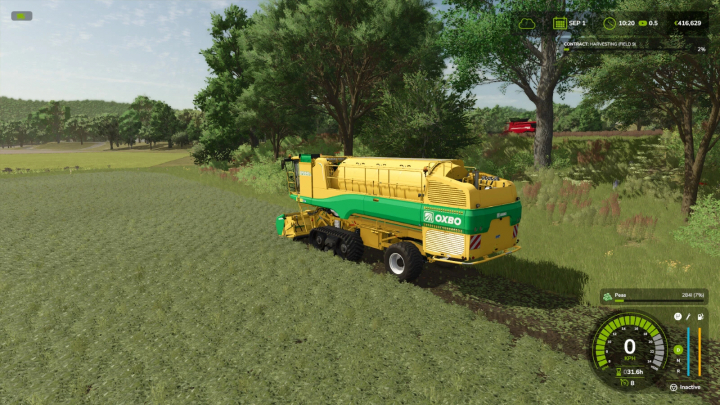 fs25-mods,  FS25 mod Refresh Contracts v1.0.0.0: Oxbo harvester operating in a field, surrounded by trees, perfect for contract work in Farming Simulator 25.