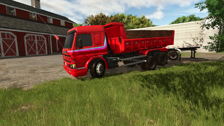 fs25-mods,  Red Scania P93 truck mod in FS25 parked by a barn.