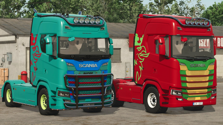 fs25-mods, FS25 mods Scania S 4x2 and 6x4 trucks in teal and red with decorative graphics, Farming Simulator 25 vehicle mod.