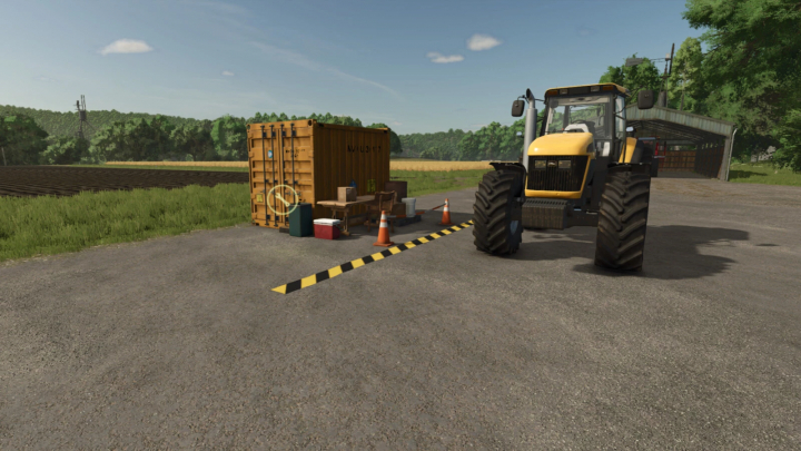 fs25-mods, FS25 Small Container Workshop mod with a yellow tractor on a farm.