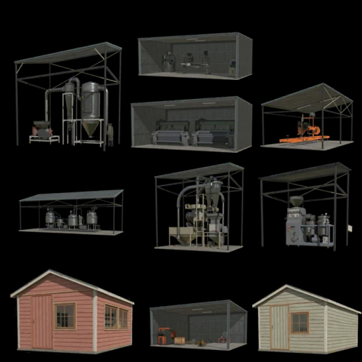 fs25-mods, Image of various small production facilities from FS25 mods, including machinery and buildings. Small Productions Boosted v1.0.0.0.