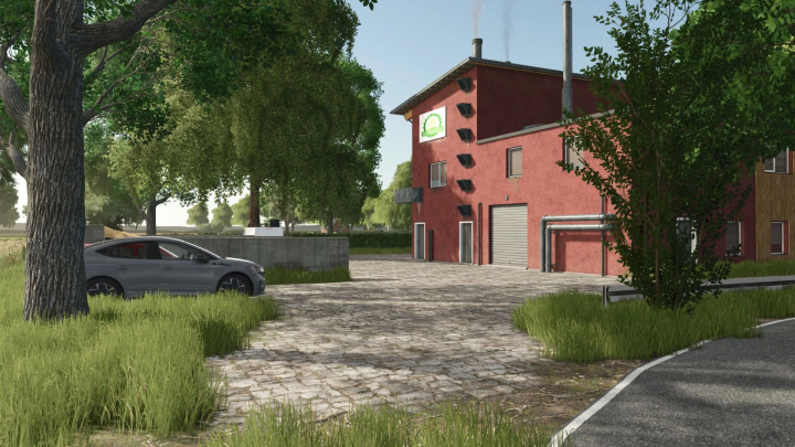 fs25-mods,  FS25 mod Somewhere in Dithmarschen v1.1.0.0, features a red building with a car and trees in Farming Simulator 25.