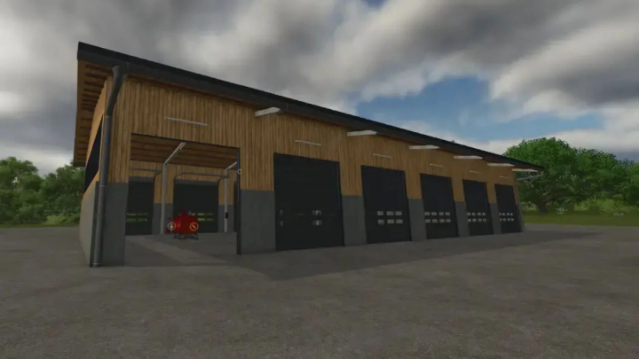 fs25-mods,  FS25 mod: Storage hangars v1.0.3.0, large wooden and metal hangar with open and closed doors, Agricultural setting.