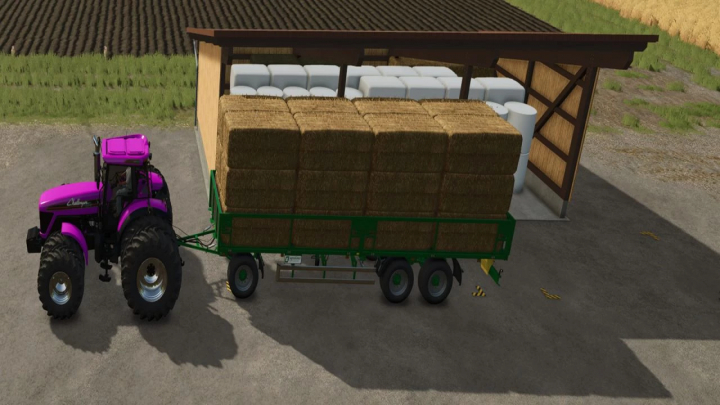 fs25-mods,  FS25 mod image showing Storage Shed v1.0.0.0 with a purple tractor and trailer loaded with hay bales.