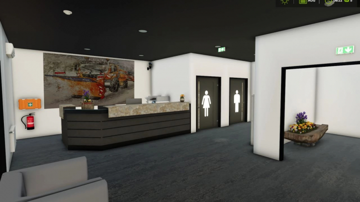 fs25-mods,  Modern office with reception, artwork, and restroom signs in FS25 Street master's office mod.