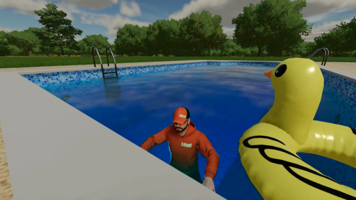 fs25-mods, FS25 mod Swimming Pool 1 v1.0.0.0 with a character in a red shirt and cap swimming next to a yellow inflatable duck.