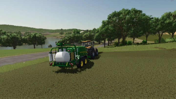 fs25-mods,  FS25 mod Switchable Bale Wrappers For Balers used in a field with tractor and greenery.