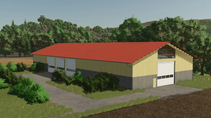 fs25-mods, FS25 mods System Hall v1.0.0.0 depicts a large barn with a red roof and yellow walls surrounded by greenery.