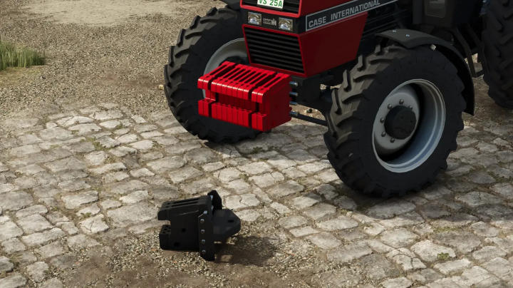 fs25-mods, Universal Weight II mod in FS25, showing a red tractor with front weights on cobblestone.