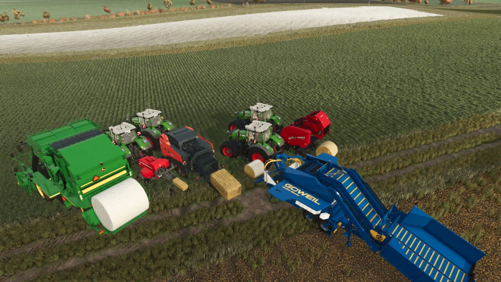 fs25-mods, FS25 mods Unload Bales Early V1.1.1.1 showing tractors and machinery unloading bales on a farm field.