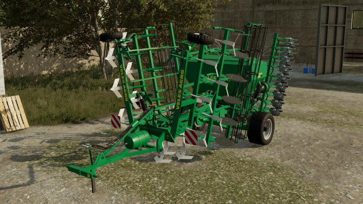 fs22-mods,  Veles Agro 6M v1.0.0.0 mod for FS22, showcasing a large green agricultural implement with discs and wheels, in Farming Simulator 22.