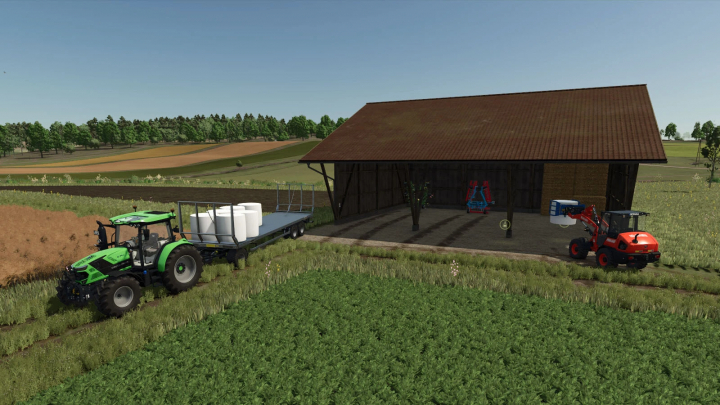 fs25-mods, Wood Shed mod in Farming Simulator 25, featuring tractors and equipment stored next to the shed in a rural field.