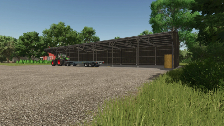 fs25-mods,  Wooden Storage Shed mod for Farming Simulator 25, featuring a tractor and trailer parked outside on a sunny day.