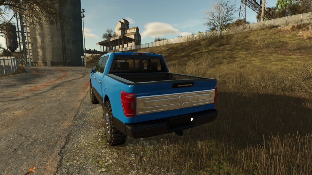 FS25 mod 2021 Ford F150 King Ranch parked on a rural road.