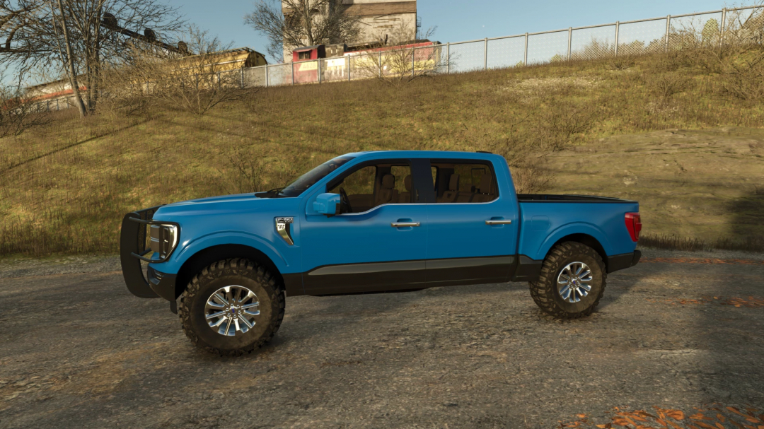 Blue 2021 Ford F150 King Ranch mod in FS25, side view on a rural road.