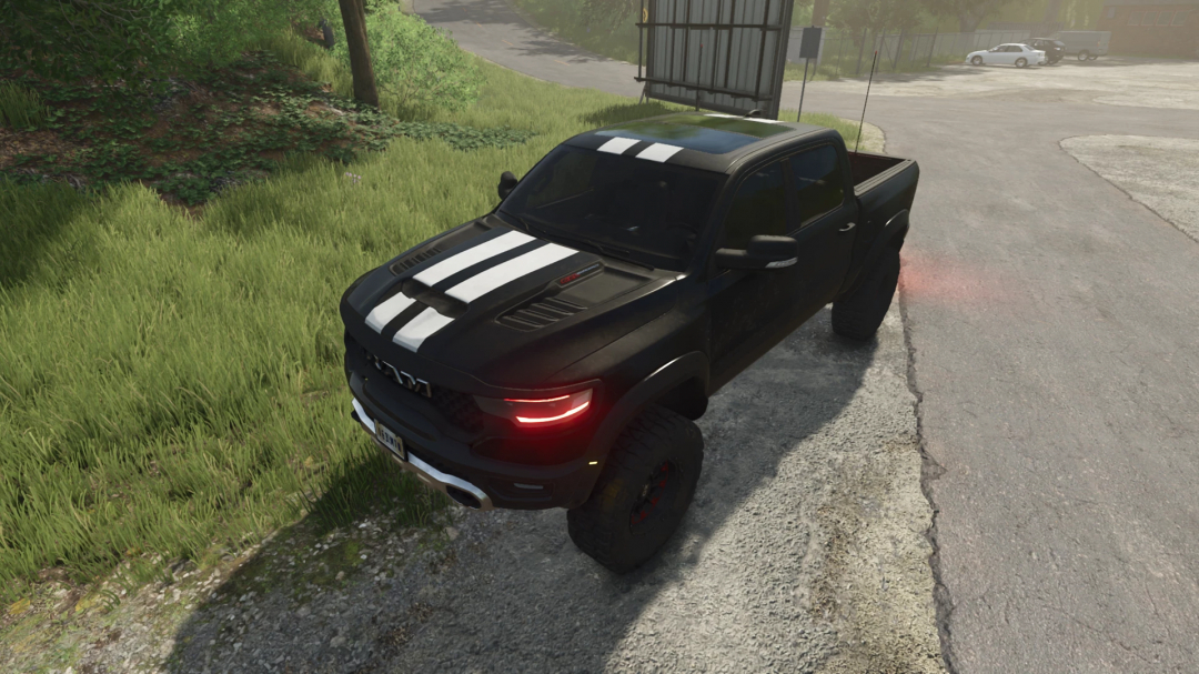 2021 Ram TRX mod in FS25, featuring a black truck with white racing stripes on a rural road.