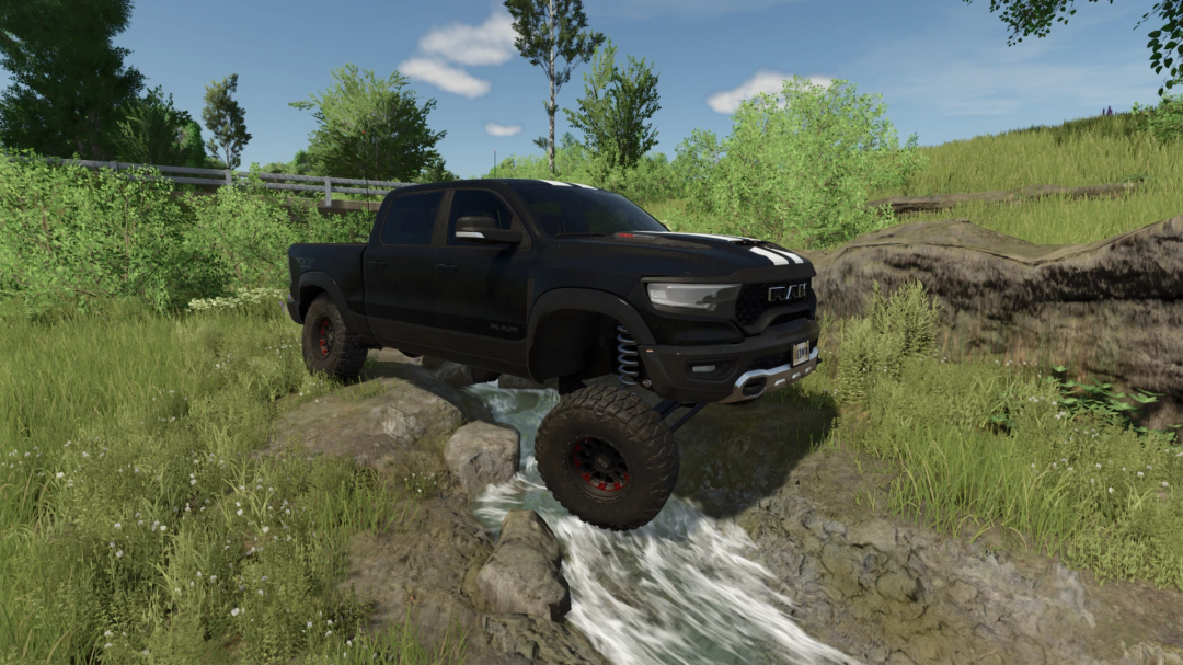 2021 Ram TRX mod v1.2.0.0 for Farming Simulator 25 navigating rocky stream, showcasing off-road capability.