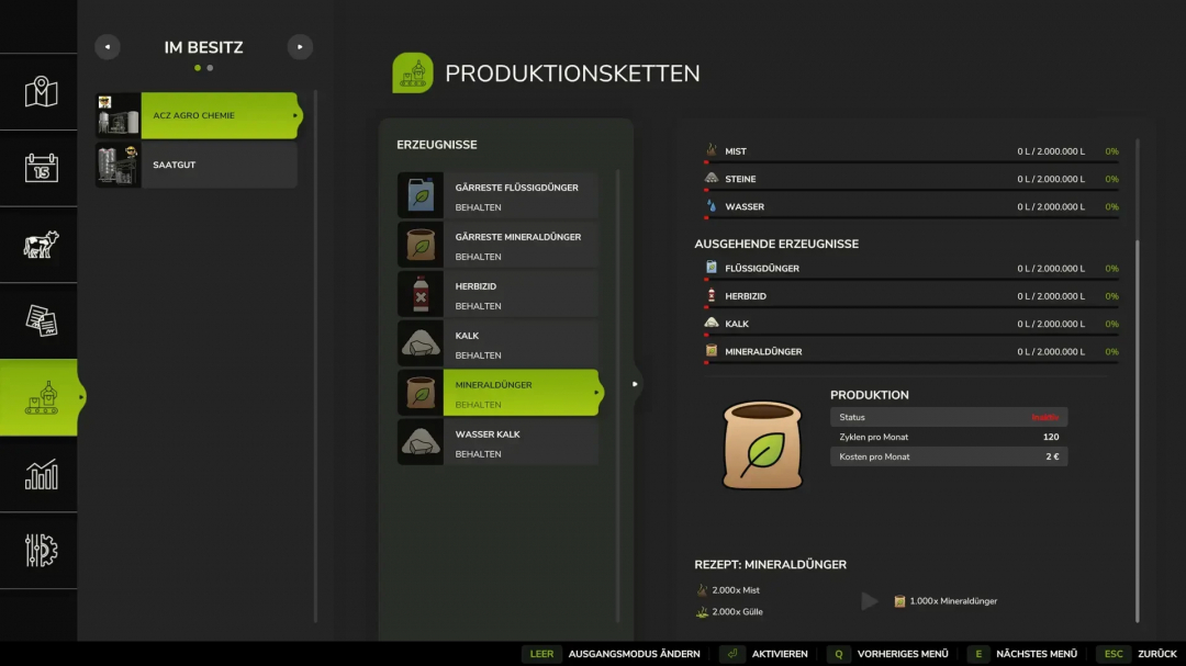 Screenshot of FS25 mod ACZ Agro Chemie v1.1.0.25 showing production chains menu with inputs and outputs.