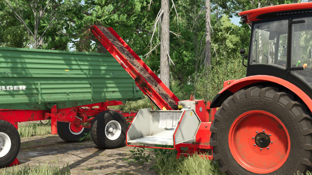 FS25 mod Arpal AM-200 TR-K in action, attached to a tractor with a green trailer in a forest setting.