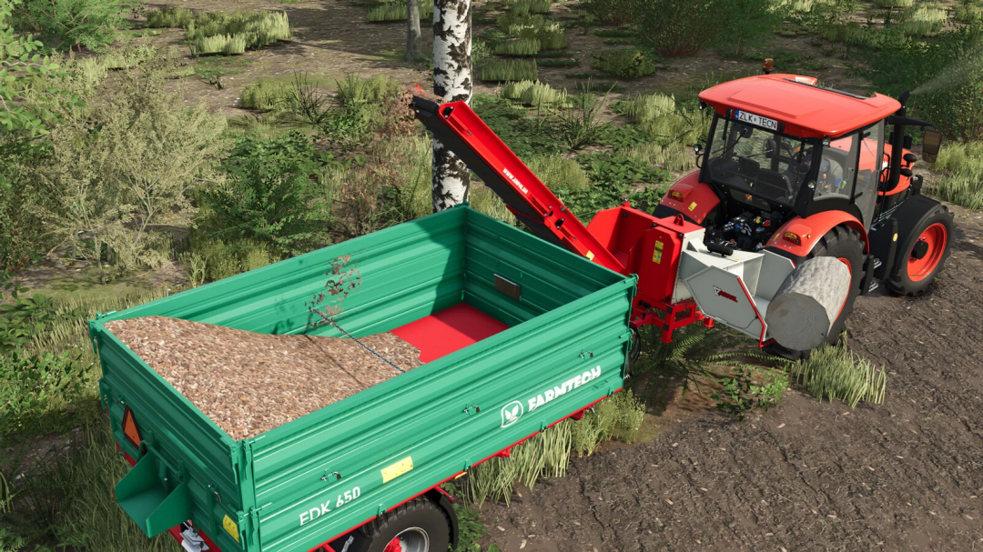 The Arpal AM-200 TR-K mod in Farming Simulator 25 shows a tractor with a wood chipper attached, loading wood chips into a Farmtech trailer.