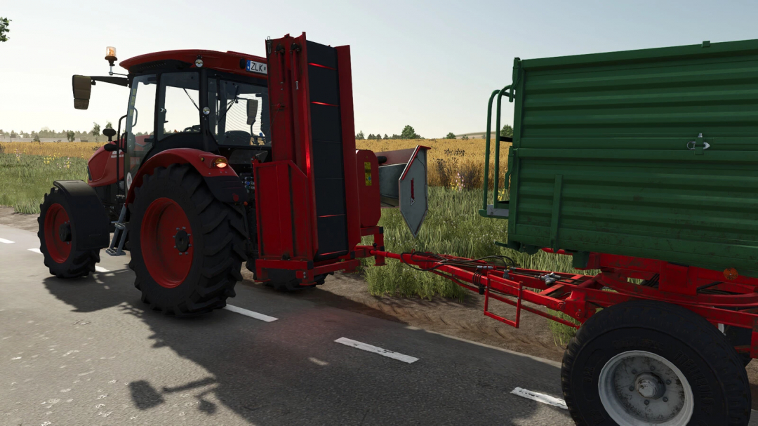 FS25 mod Arpal AM-200 TR-K v1.0.0.0 featuring a red tractor and green trailer on a rural road.