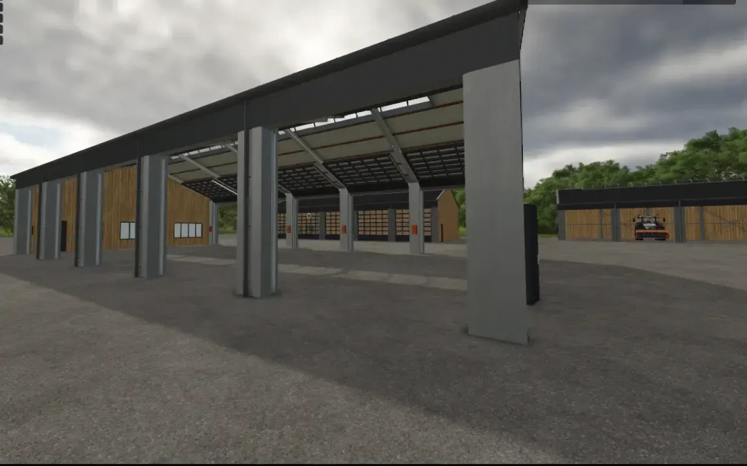 Modern shed featured in AustriaModding for FS25, version 1.0.8.0, showcasing open design with metal pillars in Farming Simulator 25 mods.