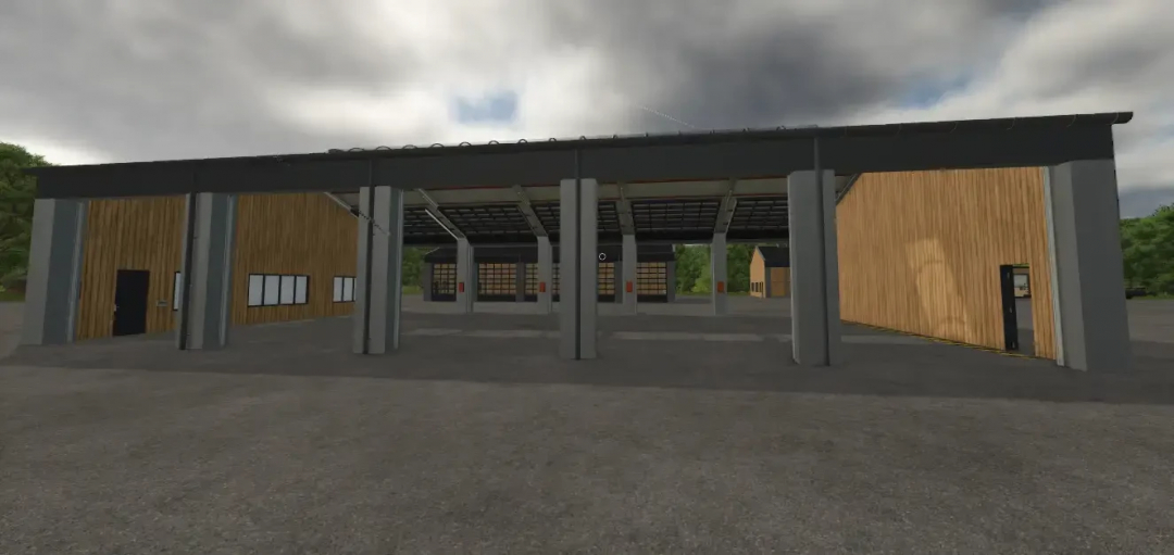 AustriaModding Modern Shed v1.0.8.0 for FS25, featuring a large wooden structure in an open area.