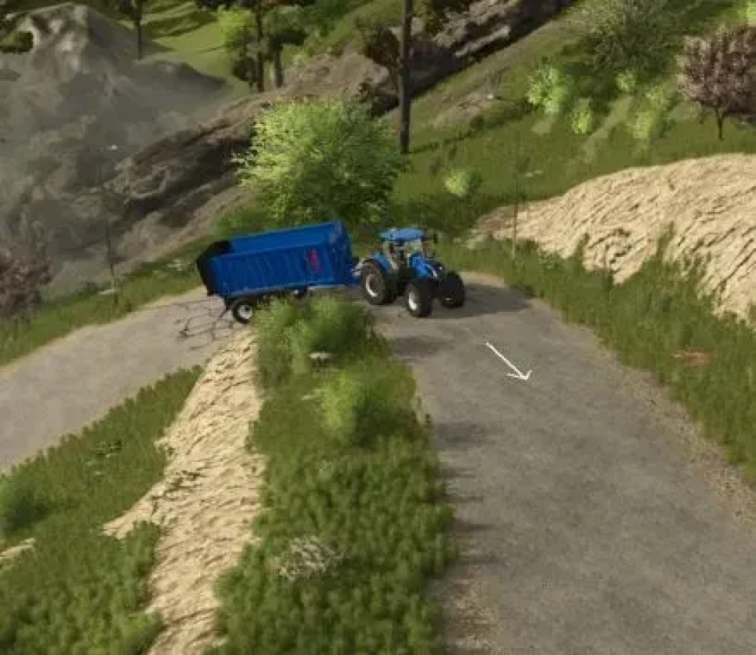 Tractor on a winding road in FS25 Oltenburg map mod showcasing AutoDrive feature.