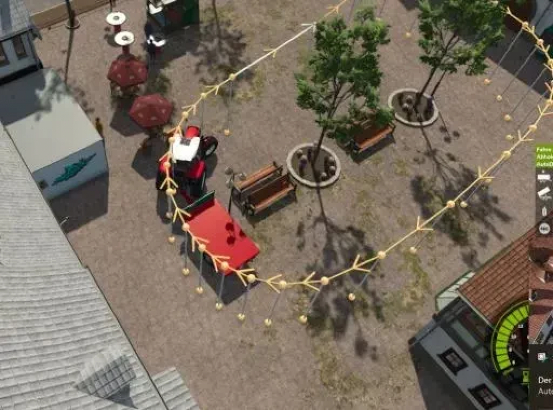 Aerial view of a Farming Simulator 25 mod showing the AutoDrive Oltenburg Map with benches, trees, and a vehicle setup.