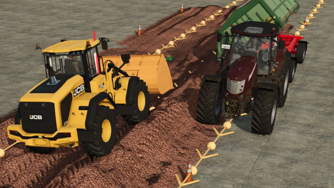 JCB loader and tractor in FS25 mod AutoDrive Open-Air Silo Forward.