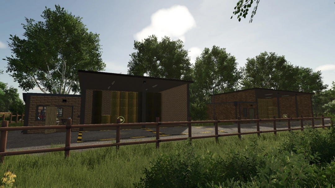 Bale Storage Pack mod in FS25 features two brick storage buildings surrounded by trees.